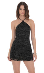 Glitter Mesh Halter Dress in Black