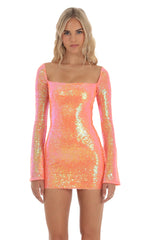 Iridescent Sequin Long Sleeve Dress in Orange