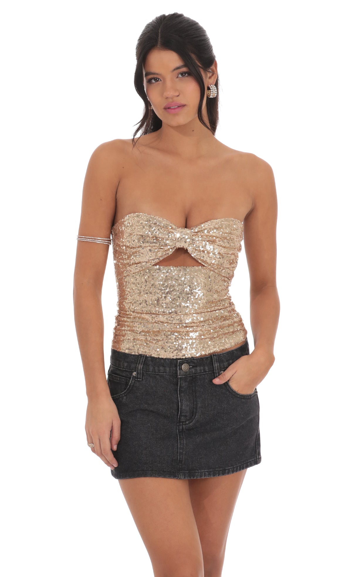 Sequin Cutout Strapless Top in Gold
