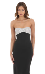 Strapless White Sequin Maxi Dress in Black