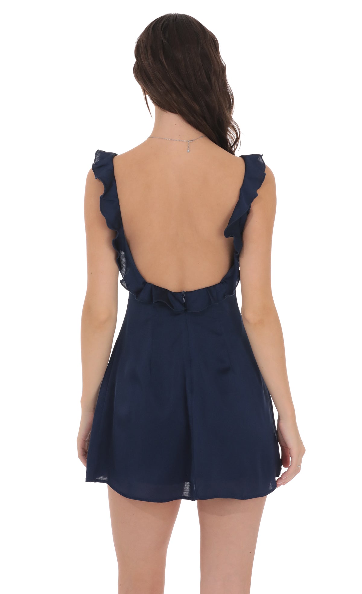 Satin Ruffle V-Neck Dress in Navy