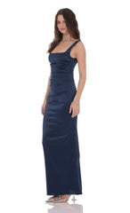 Satin Bodycon Maxi Dress in Navy