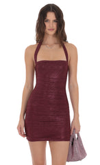Ruched Foil Mesh Bodycon Dress in Burgundy