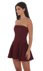 Jacquard Strapless Flare Dress in Burgundy