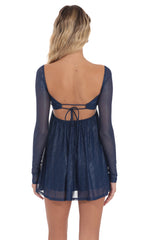 Foil Long Sleeve Babydoll Dress in Navy
